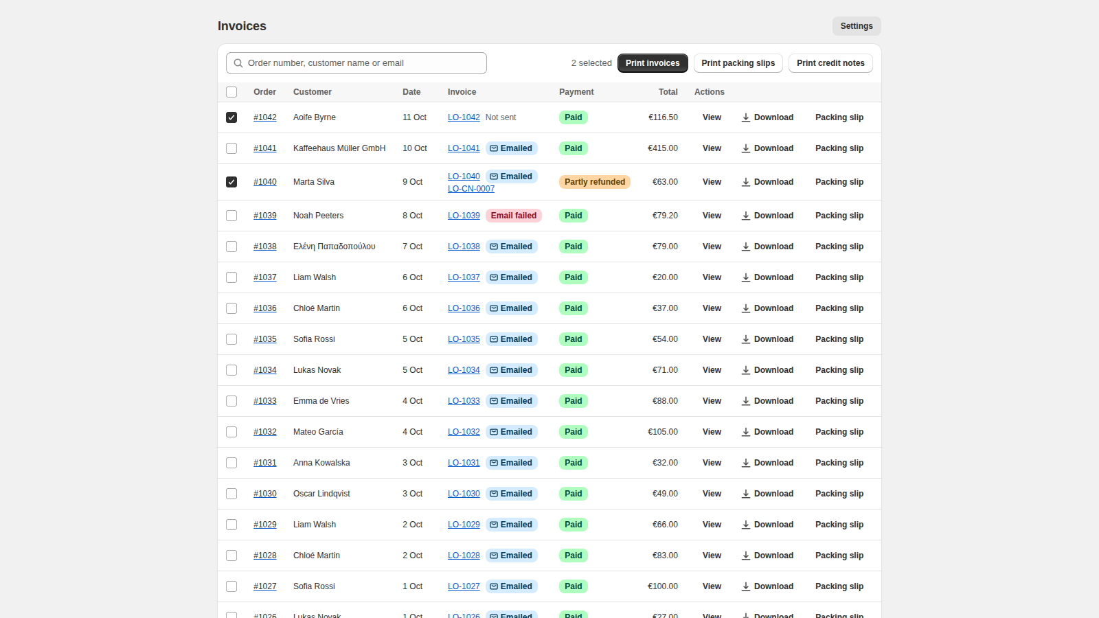 AppVerix Invoices in the Shopify admin, showing orders with invoice and packing slip actions